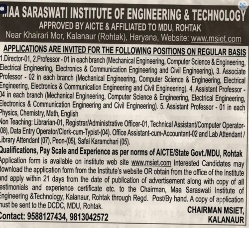 MSIET Rohtak Recruitment